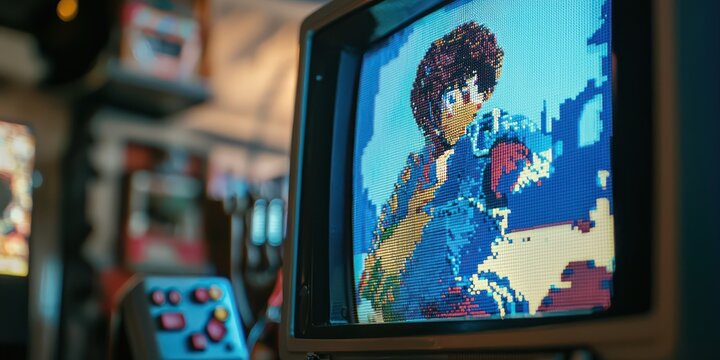 A close-up of a pixel art character from a retro video game, displayed on a CRT monitor with scan lines and a nostalgic color palette - Powered by Adobe