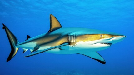 Fototapeta premium Stunning Shark Gliding Through Clear Blue Ocean Waters