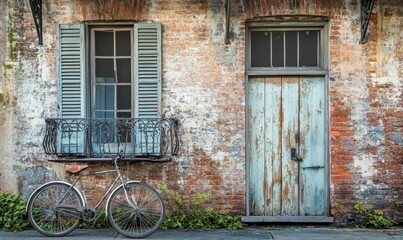 Old bicycle leans against brick wall with weathered windows and