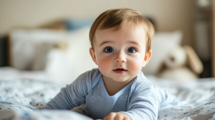 Fototapeta premium A baby crawls on a soft bed, looking with wide eyes, showcasing a sense of curiosity and wonder in a warm and inviting bedroom environment