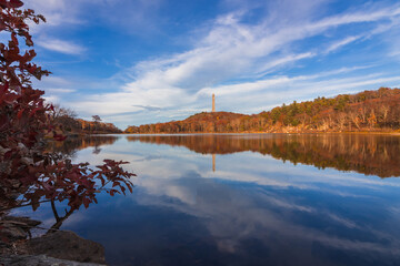 High Point State Park & New Jersey Veterans' Memorial reflection on Lake in Autumn