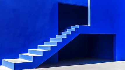 Blue Wall with Stairs Simple Neutral Background with Free Space for Design