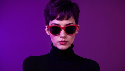 Woman with Short Dark Hair and Red Sunglasses in Moody Purple Lighting