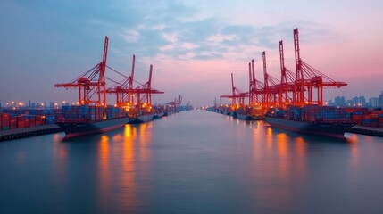 Illuminated Cargo Ships in Sunset at Port