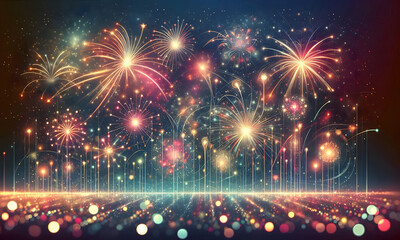 Ein farbenprächtiges Feuerwerk über einer nächtlichen Stadtlandschaft vor einem kosmischen Sternenhimmel, Wallpaper