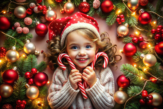Happy little girl in Santa's hat with candy canes under Christmas tree and decorations. Ai generated