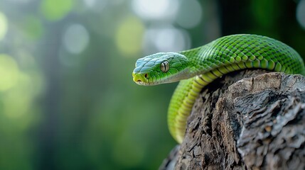 A vibrant green tree snake perched on a textured log, blending with the lush background of a forest.