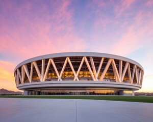 Obraz premium Modern Stadium Exterior at Sunset with Vibrant Colors