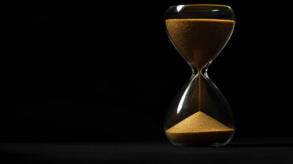 Hourglass with golden sand falling on black background symbolizing passing time