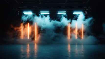 A dramatic and atmospheric abstract interior scene with blue and orange neon lights illuminating smoke or fog, creating a futuristic and mysterious ambiance.