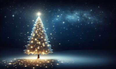 Weihnachtsbaum mit weißem Licht auf dunkelblauem Hintergrund, copy space