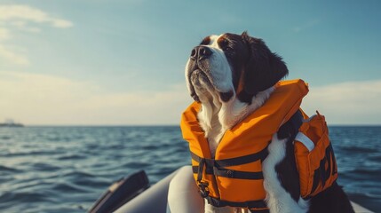 Obraz premium Rescue dog wearing life vest enjoying boat trip on summer day