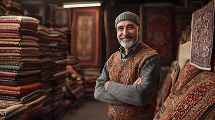 Obraz premium Experienced Carpet Merchant Standing Amidst Stacked Persian Rugs in his Traditional Rug Shop