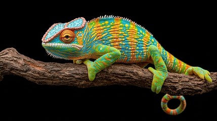 Fototapeta premium A vibrant, multi-colored chameleon perched on a branch, showcasing its stunning patterns and textures against a black background.