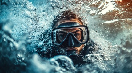A dramatic underwater scene showing a diver caught in strong currents, struggling against the force of the water with visible anxiety on their face 