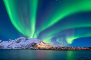 Aurora Borealis in Scandinavia. Norway, Lofoten islands. Northern lights over the mountains. Starry...