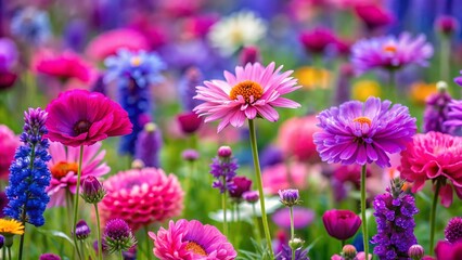 Obraz premium A Close-Up Photo of a Field with Different Gorgeous Flowers Showcasing Nature's Beauty Perfect for Website Backgrounds, Floral Catalogs, or Nature Blogs