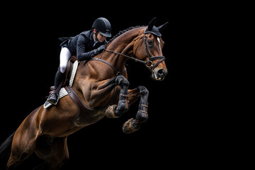 Horse and rider jumping a fence in an equestrian show competition