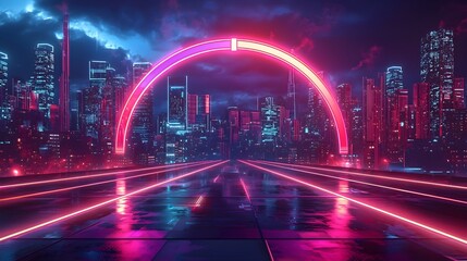 Fototapeta premium Futuristic Progress Bar Glowing Across Neon Lit City Skyline Symbolizing Technological Advancement and Innovation