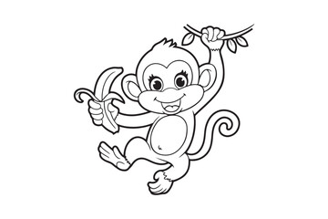 Cartoon Monkey with Banana Line Art