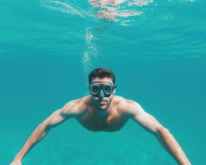 Fototapeta premium Underwater Swimmer Gliding in Clear Water