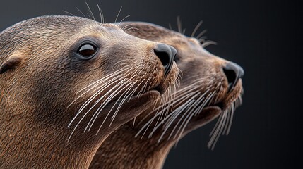 Naklejka premium Two attentive seals close-up, showcasing their distinct whiskers and expressive eyes against a dark background.