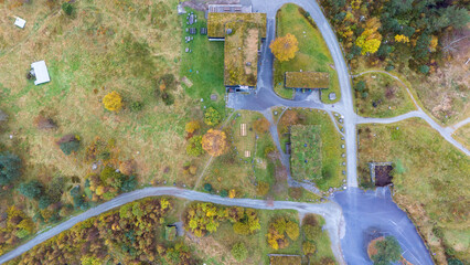 Aerial View of Rural Buildings with Green Roofs