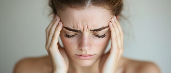 Fototapeta premium Closeup portrait of a weary worried young woman resting her head on her hand and conveying emotional fatigue headache and distress