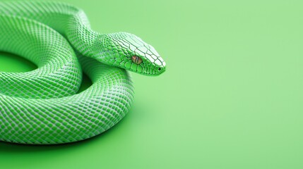 Fototapeta premium A vivid green snake on a bright green background, showcasing its smooth scales and intricate patterns.