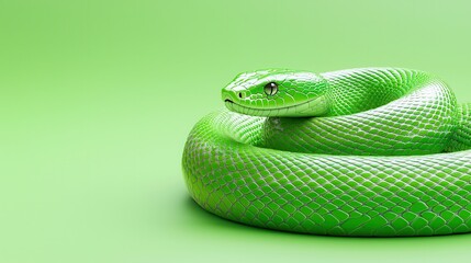 Fototapeta premium A vibrant green snake coiled on a bright green background, showcasing its scales and sleek shape.
