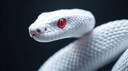 Fototapeta premium A striking close-up of a white snake with vivid red eyes against a dark background, showcasing its smooth scales and allure.