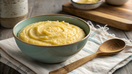 Creamy cornmeal porridge served in a rustic deep bowl on a wooden table with a spoon nearby. Generative AI