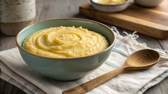 Creamy cornmeal porridge served in a rustic deep bowl on a wooden table with a spoon nearby. Generative AI