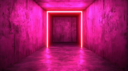 A neon pink light frame illuminates a concrete room, creating a mysterious and futuristic atmosphere.