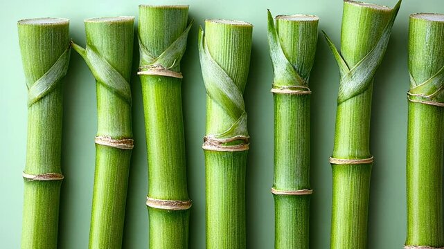 Bamboo Stalks Lined up on a Green Background Showcasing Their Vibrant Color and Unique Texture for Nature Enthusiasts