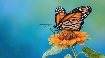 Fototapeta premium A vibrant monarch butterfly perched on a bright sunflower, showcasing its striking orange and black wings against a soft blue background.