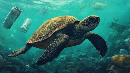 Obraz premium Turtle Swimming in Polluted Sea with Plastic Waste