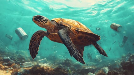 Obraz premium Turtle in Polluted Sea Surrounded by Plastic Waste