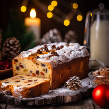 Stollen fruitcake with festive Christmas decorations