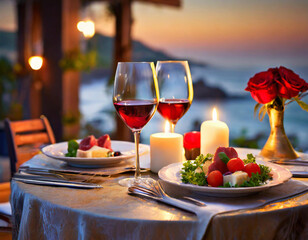 Romantyczna kolacja przy świecach w restauracji stolik i kieliszki i wino