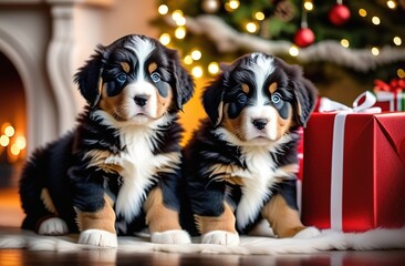 Two beautiful Bernese Mountain dogs are sitting in the house against the background of a Christmas tree. Gifts are depicted in the background, and blurred highlights in the bokeh style