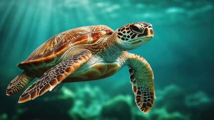 Fototapeta premium Turtle Swimming with Plastic Bag on Flipper