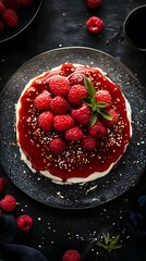 A vibrant cake topped with spicy chili sauce and fresh raspberries presents a unique fusion of flavors. The dessert blends sweet and spicy elements for an adventurous treat.