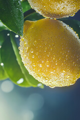 Vertical Overhead Shot of Lemons with visible Water Drops. Close up.