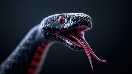 Fototapeta premium A close-up of a black snake with red eyes and a flicking tongue, set against a dark backdrop.