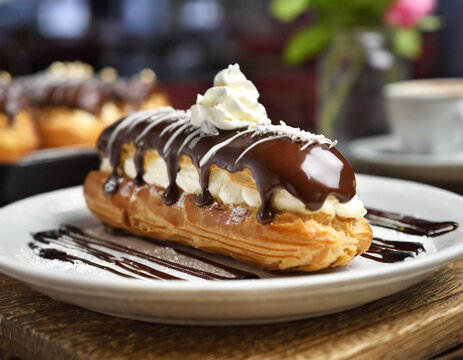 Ekler z kremem budyniowym i polewą czekoladową