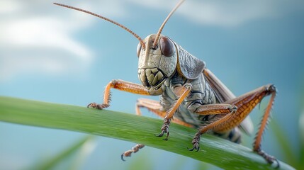 Fototapeta premium A close-up of a grasshopper perched on a green blade of grass, showcasing its detailed features against a soft background.