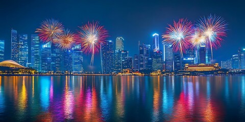 Singapore Skyline Fireworks Night Photo