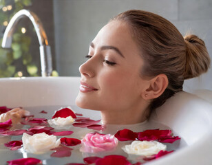 Naklejka premium Domowe spa relaksacyjna kąpiel w płatkach róż