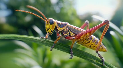 Fototapeta premium A colorful yellow and red grasshopper perched on a green blade of grass in a vibrant natural setting.